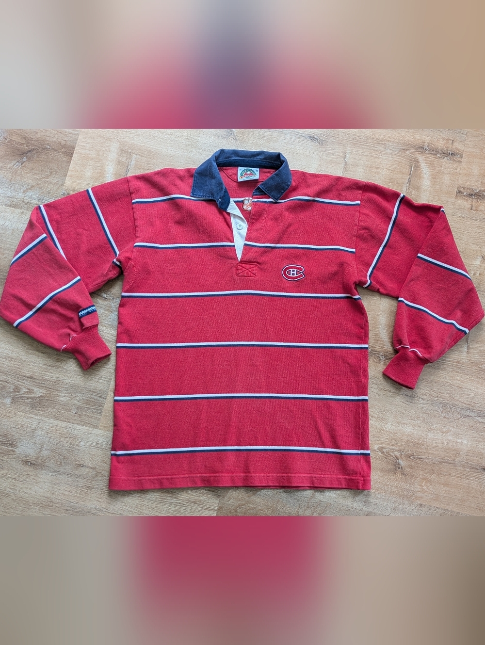 Montreal Canadiens Vintage 90s Barbarian Rugby Striped Polo Jersey XL